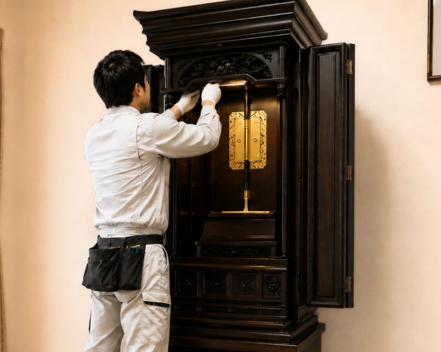 お仏壇にLEDライトを取り付けている施工イメージ