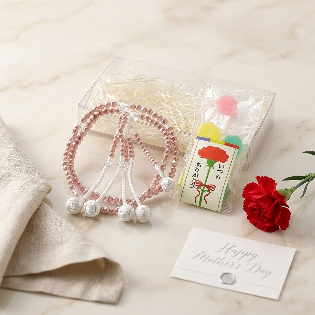 金剛堂_【母の日ギフト】念珠バロックパール　ピンク "ありがとう"セット_イメージ